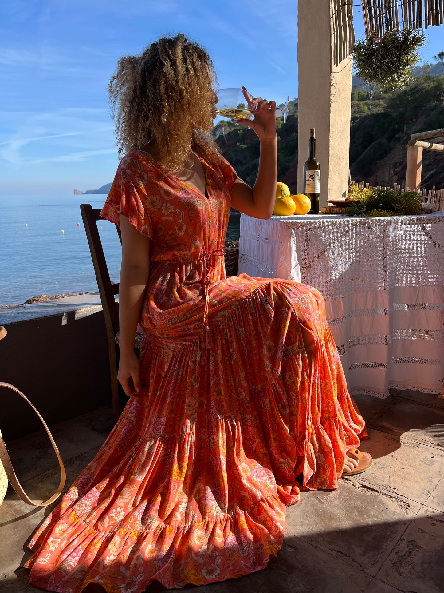 Long orange flowered dress