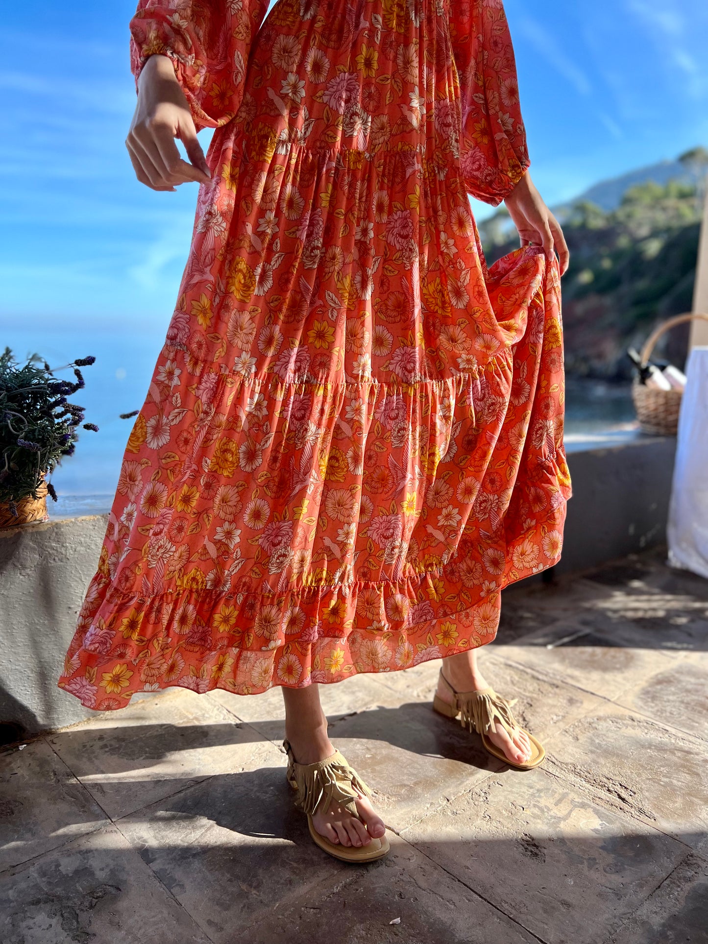 Long orange flowered dress